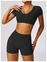 Conjunto de mallas de yoga, top, conjunto deportivo Fiess de manga corta, material de nailon para mujer, patrón sólido adaptable para primavera/verano - details 28