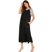 Camisón de algodón elástico de manga corta y largo con bloques de color y bolsillo para mujer, ropa de estar y pijama para primavera/verano - details 10