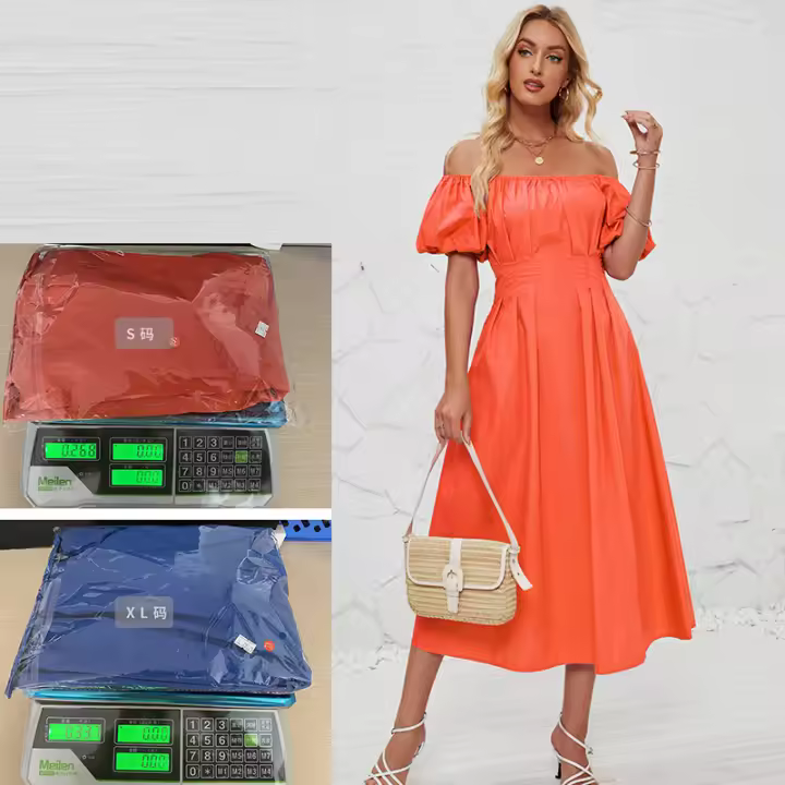 Vestido de verano de color liso plisado de cintura alta con mangas cortas y hombros descubiertos para mujer - 1