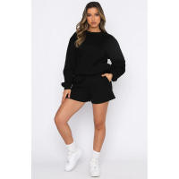 Wind Conjunto de pantalones cortos y sudadera con cuello redondo informal holgado de Color puro para mujer - details 56