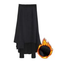 Falda de pantalones de cintura alta, cintura elástica, mallas gruesas, falda larga falsa de dos piezas con forro polar para mujer - details 17