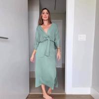 BUNO-Vestido de verano verde Nuevo cinturón alto de manga corta de color sólido - details 4