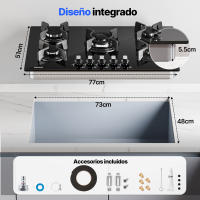 Placa de gas WEHIMO de 5 quemadores, 77 cm, empotrada en cristal, grosor 8 mm, color negro, con protección automática contra llamas, para gas natural o GLP, 10 500 W, 127-240 V - details 1