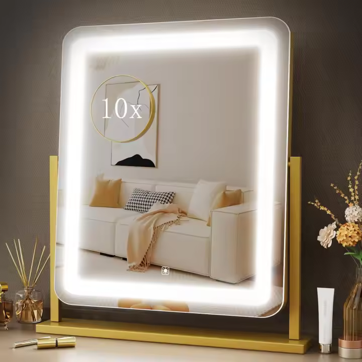 Espejo de tocador iluminado para maquillaje Hollywood con luces, tres modos de iluminación de colores y espejo de aumento desmontable de 10X, inteligente - 1