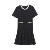 Vestido negro elegante de manga corta con cuello redondo y contraste de punto con dobladillo plisado ancho y alto para mujer - details 0