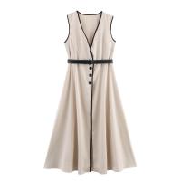 🧡 🧡 🧡 Vestido midi de lino mezclado plisado de manga corta con cuello en V - details 1