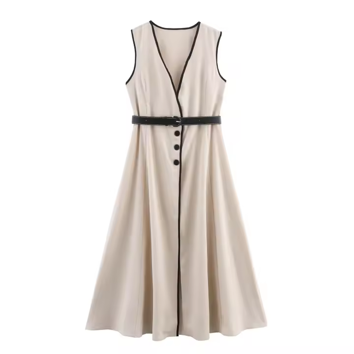 🧡 🧡 🧡 Vestido midi de lino mezclado plisado de manga corta con cuello en V - 1
