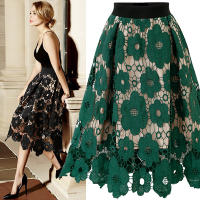 Faldas de encaje bohemio para mujer, Falda Midi ahuecada de malla Vintage, talla grande, cintura elástica, línea A, color negro, rojo y verde, elegante, Verano - details 9