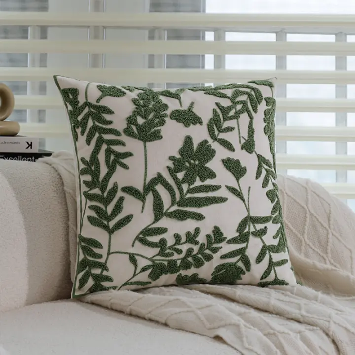 Fundas de almohadilla, hojas verdes, bordados, piel suave para fundas de almohada decorativas para el hogar 45x45cm - 1