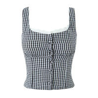 Top corto de algodón de verano 2025 con botones delanteros, camiseta sin mangas a cuadros negros y rojos para mujer - details 5