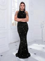 Vestido de noche sin hombros con cuentas y lentejuelas, vestido de fiesta con cuello redondo, cansado, largo hasta el suelo - details 4