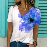 Camiseta de Manga Corta con Cuello en V Moda Blanca para Mujeres Estampado 3D de Lavanda - details 15