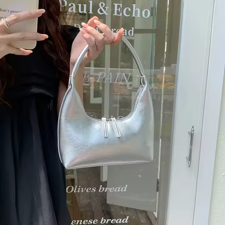 Bolso de Mano con Textura Plateada Francesa, Bolso de Hombro de Verano, Bolso Cruzado de Inspiración Coreana - 1