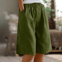 Pantalones Cortos de Lino y Algodón para Mujer Color Sólido, Cintura Suelta, Bolsillo, Botón, Moda Casual - details 9