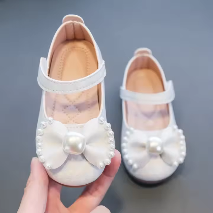 Zapatos casuales planos de cuero con lazo para niña, Sweet Princess, perlas de diamantes suaves, primavera, 2024 - 1