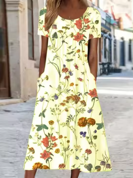Vestido midi elegante con estampado floral para mujer, cintura alta, cuello redondo, línea a, Verano - 1