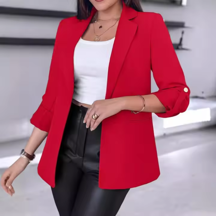 Chaqueta elegante de manga larga para mujer, traje de Color sólido, cuello, otoño - 1