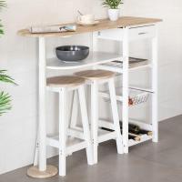 Conjunto de Mesa Alta de Madera Natural 2 Taburetes con Cajón, 2 Estantes, Cesta Extraíble y Botellero 120x89x37 cm Iluminado, Elegante - details 7