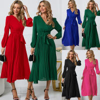 Vestidos largos informales para mujer, manga larga con cuello en V, cintura alta, Maxi, Verde - details 2