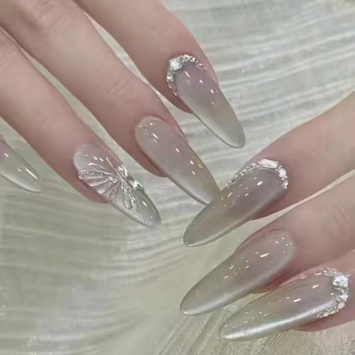 Uñas postizas largas en forma de tumba con 30 piezas de diamantes brillantes, 1 pegamento de uñas y 1 linterna de uñas - 1