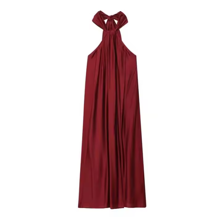 Elegante Vestido Largo para Mujer Rojo Vino, Sin Mangas, Espalda Descubierta, Venta Alta, Perfecto para Vacaciones de Verano en la Playa - 1