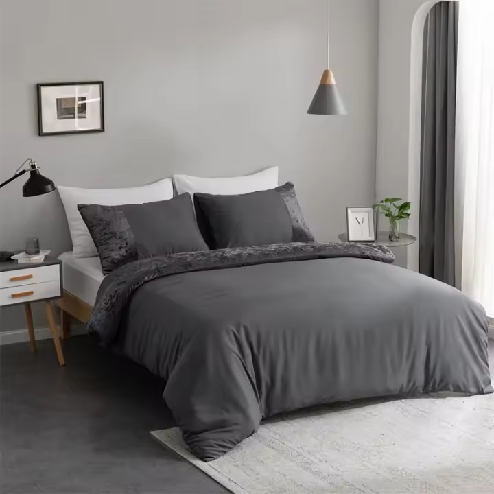 Juego de Funda de Edredón de Terciopelo de Color Sólido Cama de Rey Duble Acolchado - 1