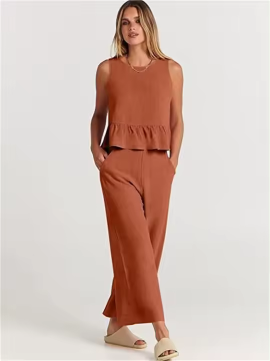 Conjunto casual de verano para mujer, top sin mangas plisado y pantalones cortos de pierna ancha - 1
