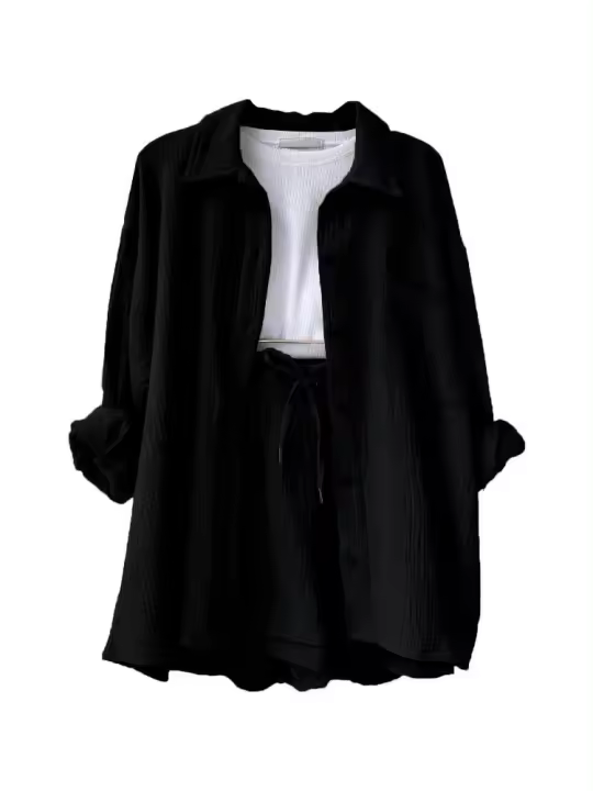 Conjunto de dos piezas para mujer, camisa de manga larga con cuello de solapa de tela arrugada, pantalones cortos con cordón de cintura alta, traje casual de moda de gran tamaño. - 1