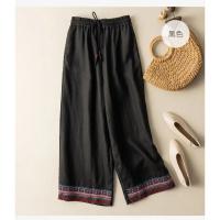 Pantalones de lino y algodón de cintura alta para mujer, pantalón de pierna ancha, largo, elástico, informal, liso, bordado, moda coreana, 2024 - details 7
