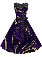 Summer elegant floral print lace women sleeveless a-line vintage midi party dress belt - details 7