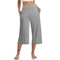 2024 primavera y verano mujeres elástico cintura alta 3/4 pantalón sólido Casual ajuste activo pantalones de pierna Capris anchos pantalones con bolsillos - details 7