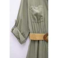 BUNO-Vestido camisero a rayas para mujer, plisado con cinturón, midi, manga con vuelta, largo para playa, verano, 2025 - details 11