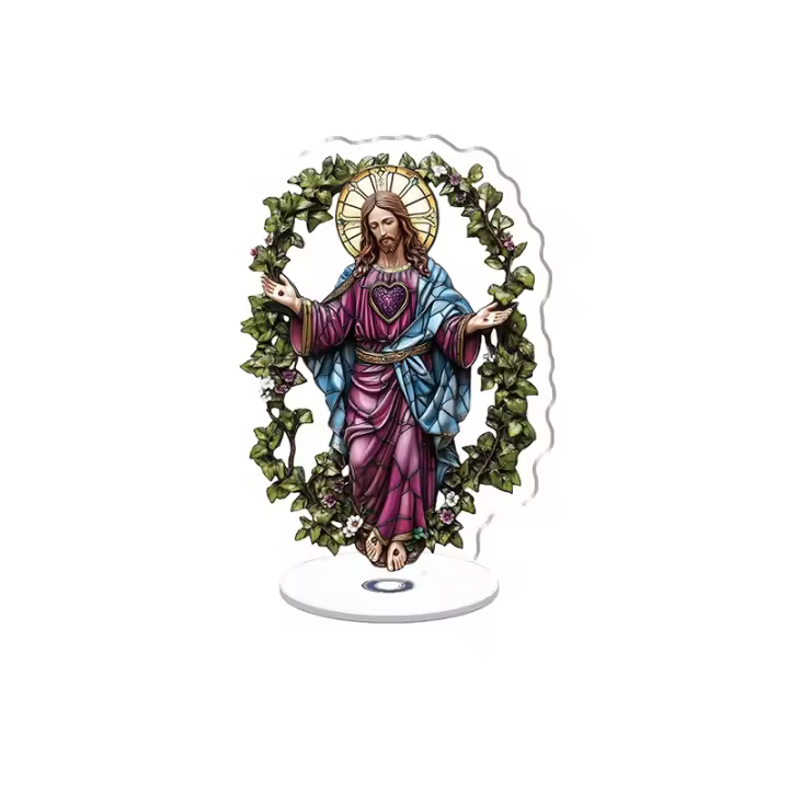 Expositor giratorio de acrílico con un Sagrado Corazón de Jesús en vidrieras vibrantes con un marco regal y un halo dorado rodeado de hiedra y flores silvestres. - 1