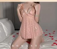 Camisón transparente de lencería sexy con tirantes de perlas y lazo de mariposa con ribete de encaje puro - details 7