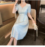 Falda larga de cintura alta para mujer, falda larga con temperamento, novedad de verano, vestido francés adelgazante, dulce y fresco, con cuello cuadrado - details 15