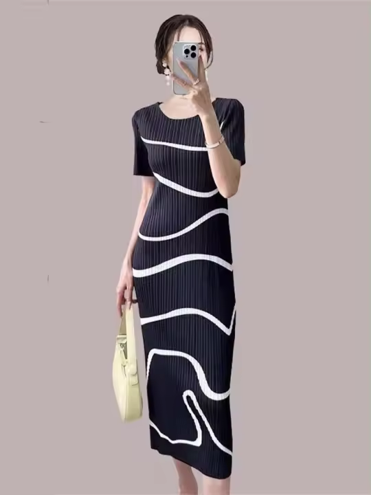 Vestido de Señora con Pliegues Miyake Diseño Japonés Casual Manga Corta Falda Larga Moda de Verano - 1