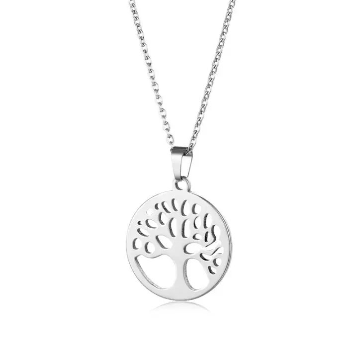 Collar de árbol de la vida de acero titanio para mujer, collar colgante de deseo de árbol hueco redondo de acero inoxidable - 1