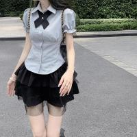 Falda de pastel de malla multicapa de verano para mujer, falda JK de encaje de malla de cintura alta con cordones, falda de pastel esponjosa negra - details 5