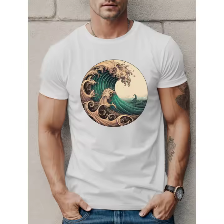 Camisetas con estampado de ondas para hombre, camiseta informal de manga corta con cuello redondo, camiseta cómoda y transpirable para verano - 1