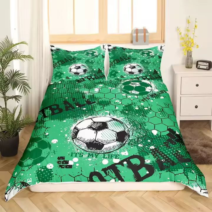 Juego de funda de edredón de fútbol, ​​conjunto de ropa de cama deportiva de fútbol con boceto dibujado a mano para niños, adolescentes y hombres, funda de edredón doble - 1
