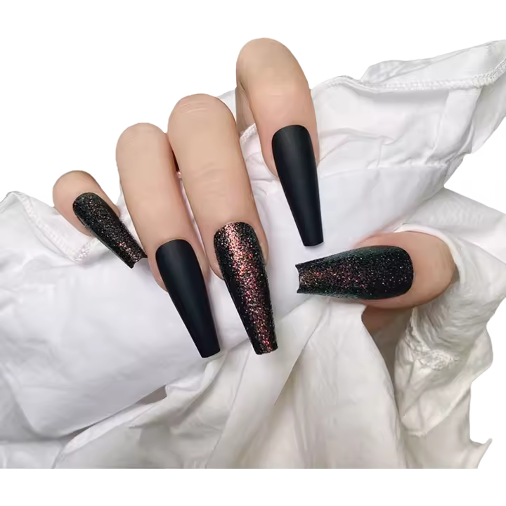 Uñas postizas con purpurina mate de cobertura total, puntas desmontables, 24 piezas - 1
