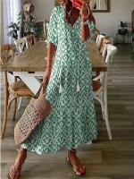 Vestido largo bohemio de verano para mujer, vestidos Vintage con estampado ral y manga con cuello en V, vestido de playa holgado informal con cordón para mujer - details 4