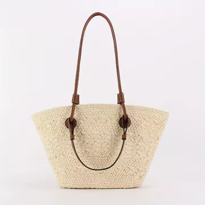 Bolso grande de playa para mujer - Bolso de paja de tallo de maíz tejido a mano beige natural, bolso de hombro abierto para mujer, bolso espacioso y elegante costero para vacaciones, compras, uso diario - Bolso de verano, bolso de playa, simplicidad elega - 1
