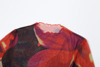 BUNO Vestido largo elástico informal básico con estampado de gato extraño colorido de terciopelo con cuello redondo y dobladillo de manga para mujer - details 11