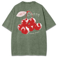 Camiseta de Mujer de Algodón con Estampado de Cerezas Cuello Redondo, Manga Corta, Moda Callejera Fresca y Delicada - details 42