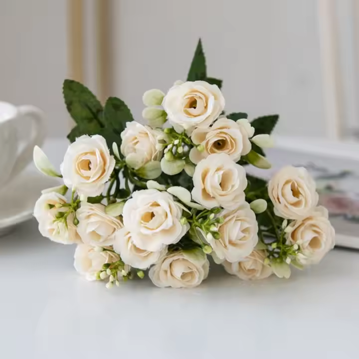 Rosa de seda para arco de boda, corona de Navidad, decoración del hogar, sala de estar, bonsái, accesorio de fotografía, flores artificiales, 5 horquilla, 15 cabezas - 1