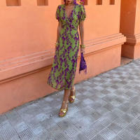 Vestido de manga corta con cuello en V, ajustado, elegante y largo con estampado de bloques de color de moda para mujer, primavera 2025 - details 0