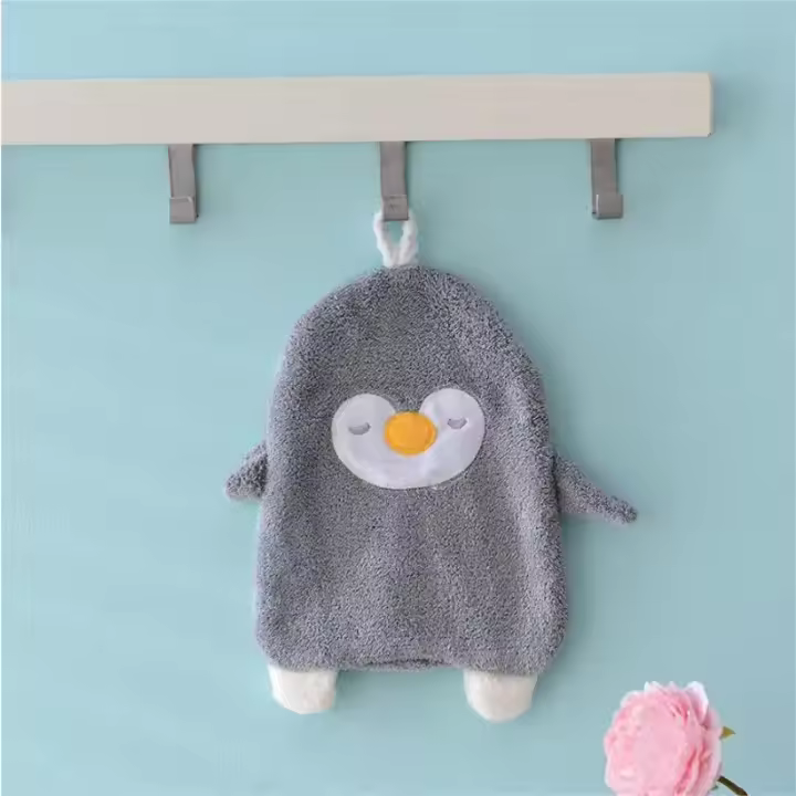 Toalla de mano drapeada para cocina y baño, terciopelo Coral, pingüino de dibujos animados, Animal espesante absorbente - 1