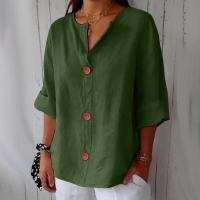 Camiseta de verano "Mujer 2025 con cuello en V, lino y algodón, holgada y transpirable, estilo boho-chic - Moda informal y elegante" "Mujer con cuello en V, algodón, transpirable, - Moda" - details 14