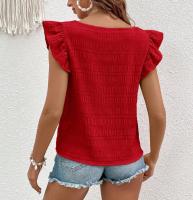 Camiseta plisada de talla grande para mujer, chaleco de manga voladora, blusa con cuello Barco, holgada, informal, Otoño, verano, 42, 44, 46 - details 5
